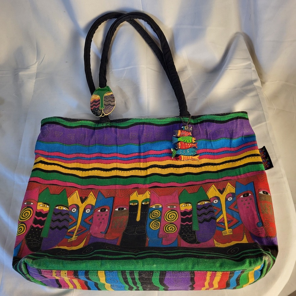 Laurel Burch Cat Canvas Tote/Shoulder Bag with Zipper Top